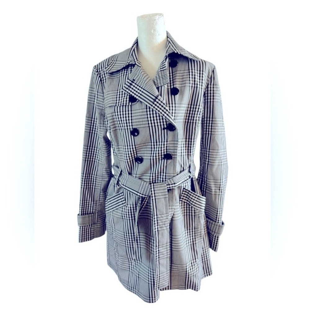 B.Wear Byer California Gingham Trench Coat‎ Black White Double Breasted Large
